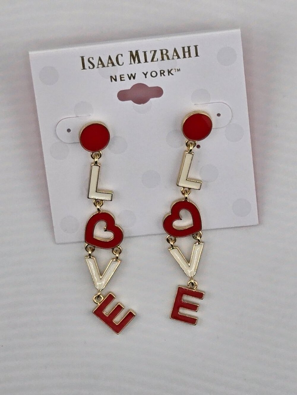 Isaac Mizrahi New York LOVE Heart Drop Earrings Red White Gold Tone